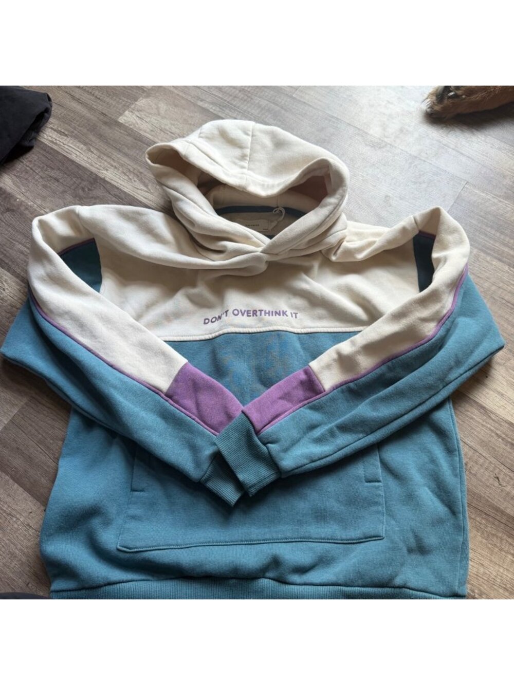 Reserved Colorblock Hoodie With "Dont Overthink It" Graphic Cream/Teal/Purple Si